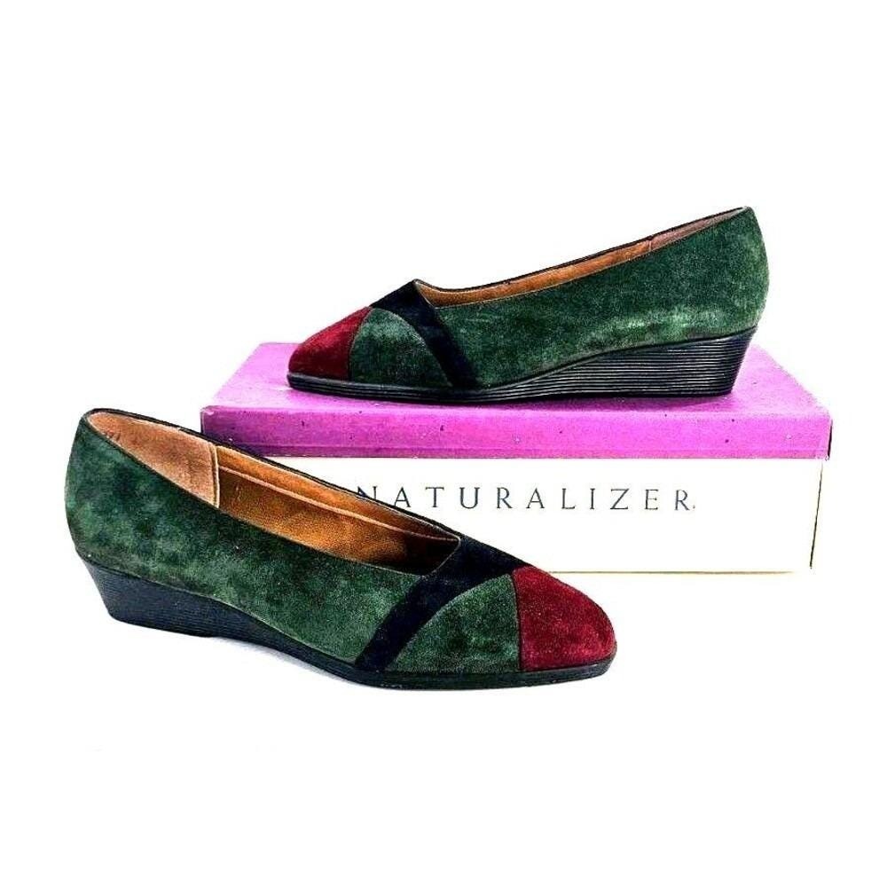 Vtg 90s Naturalizer Womens 7.5C Wedge Slip-On Suede Colorblock Blue Green Maroon